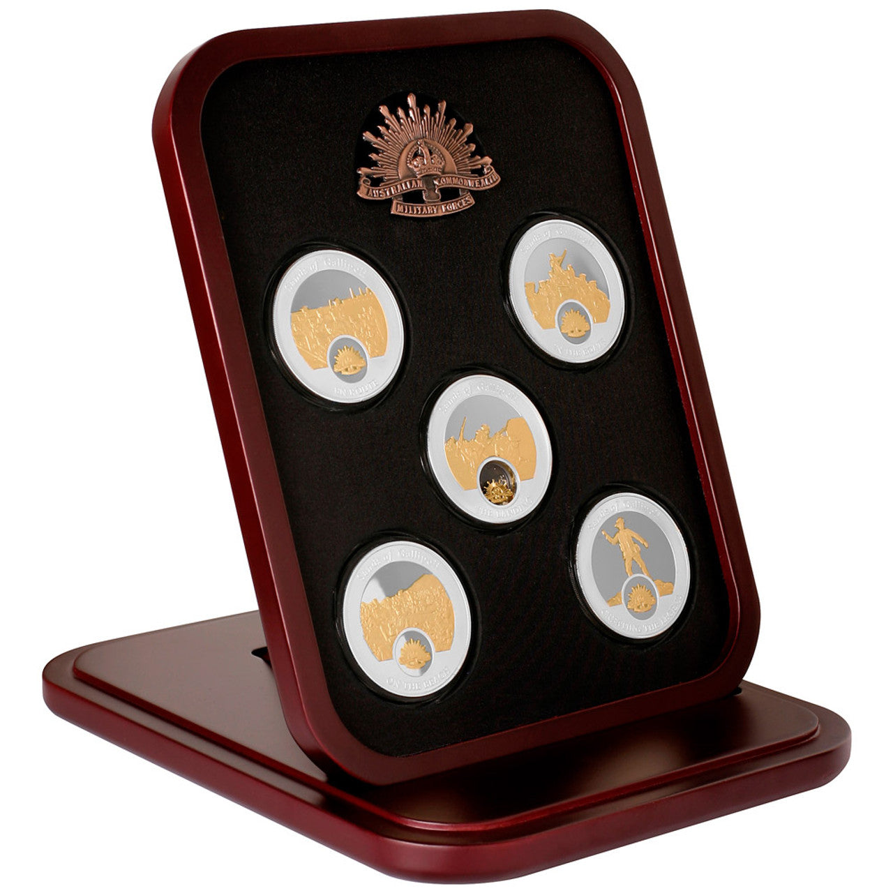 Colour: Gold, silver Material: Minted from brass alloy, finished in highly polished gold and silver plate Measurement: Medallions: 50mm x 4.5mm, Case: 195mm (W) x 245mm (H) x 30mm (D) Volume: Limited to 2,500 releases www.moralepatches.com.au