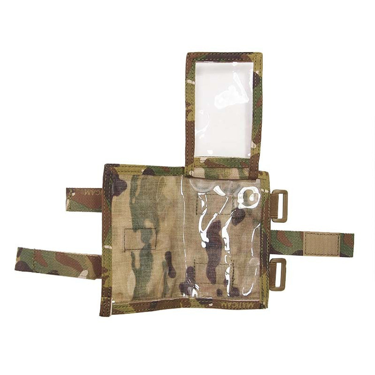 Wrist mounted folding commanders panel including map. Closes with a velcro strap. Large internal folding sleeve and a small swing away sleeve that is transparent on both sides. Twin adjustable wrist straps. Map section: 160mm x 120mm. Swing away section: 95mm x 60mm. Both sides will show different items if required. www.moralepatches.com.au