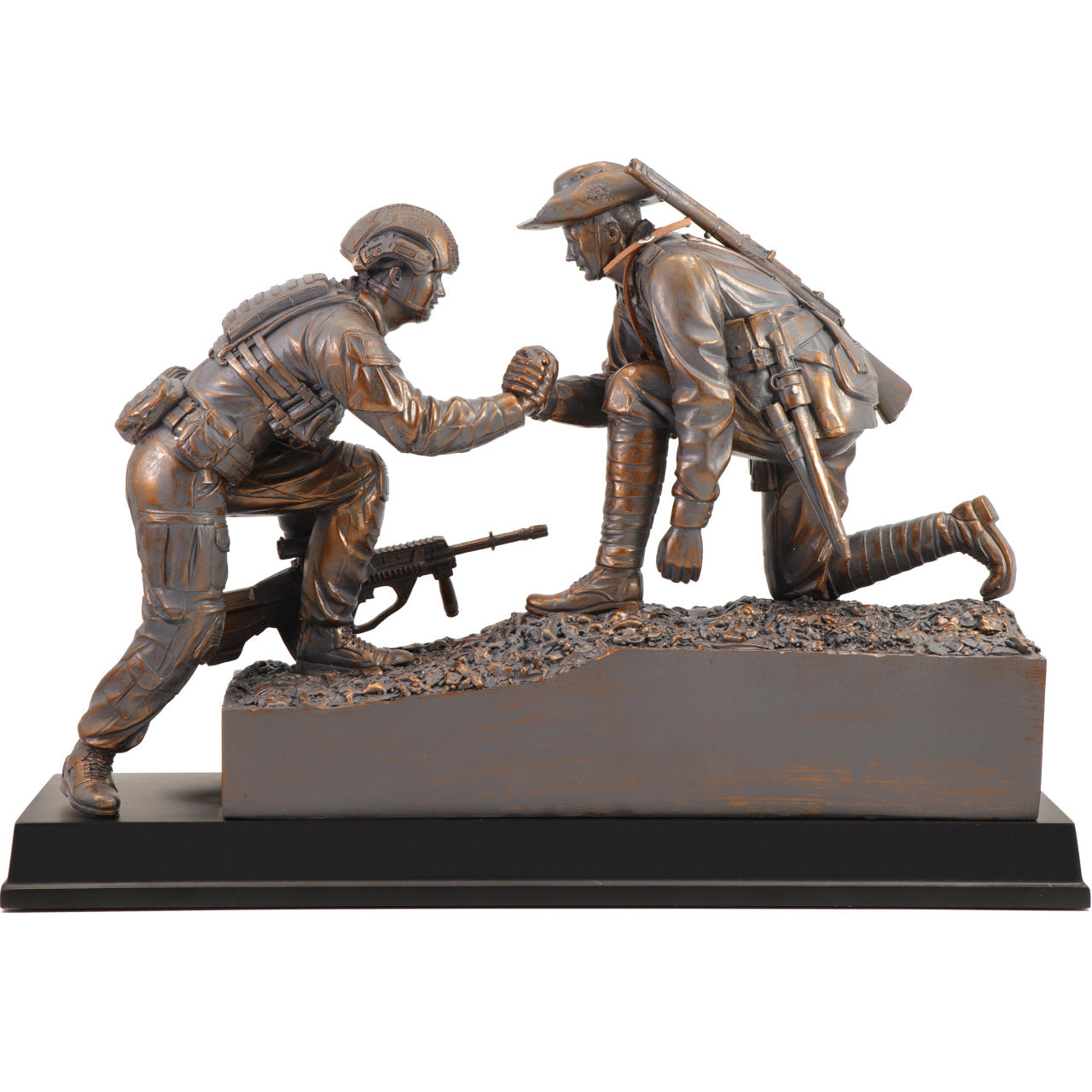 The "Spirit of Mateship Limited Edition Figurine" is a poignant and timeless tribute that captures the unwavering bond and camaraderie of Australian soldiers across generations. This exquisite cold cast bronze figurine, perched atop a timber base, depicts a powerful scene—a WW1 digger extending a helping hand to a modern Australian soldier, navigating a treacherous and muddy battlefield. www.moralepatches.com.au