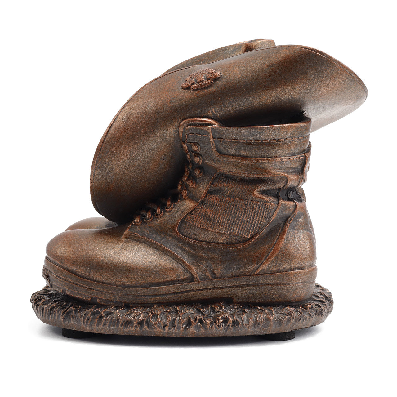 This Miniature Stand Down Figurine is the perfect present for serving members or veterans. This cold-cast bronze figurine depicts a soldier's slouch hat placed on his combat boots at the end of a long day. www.moralepatches.com.au