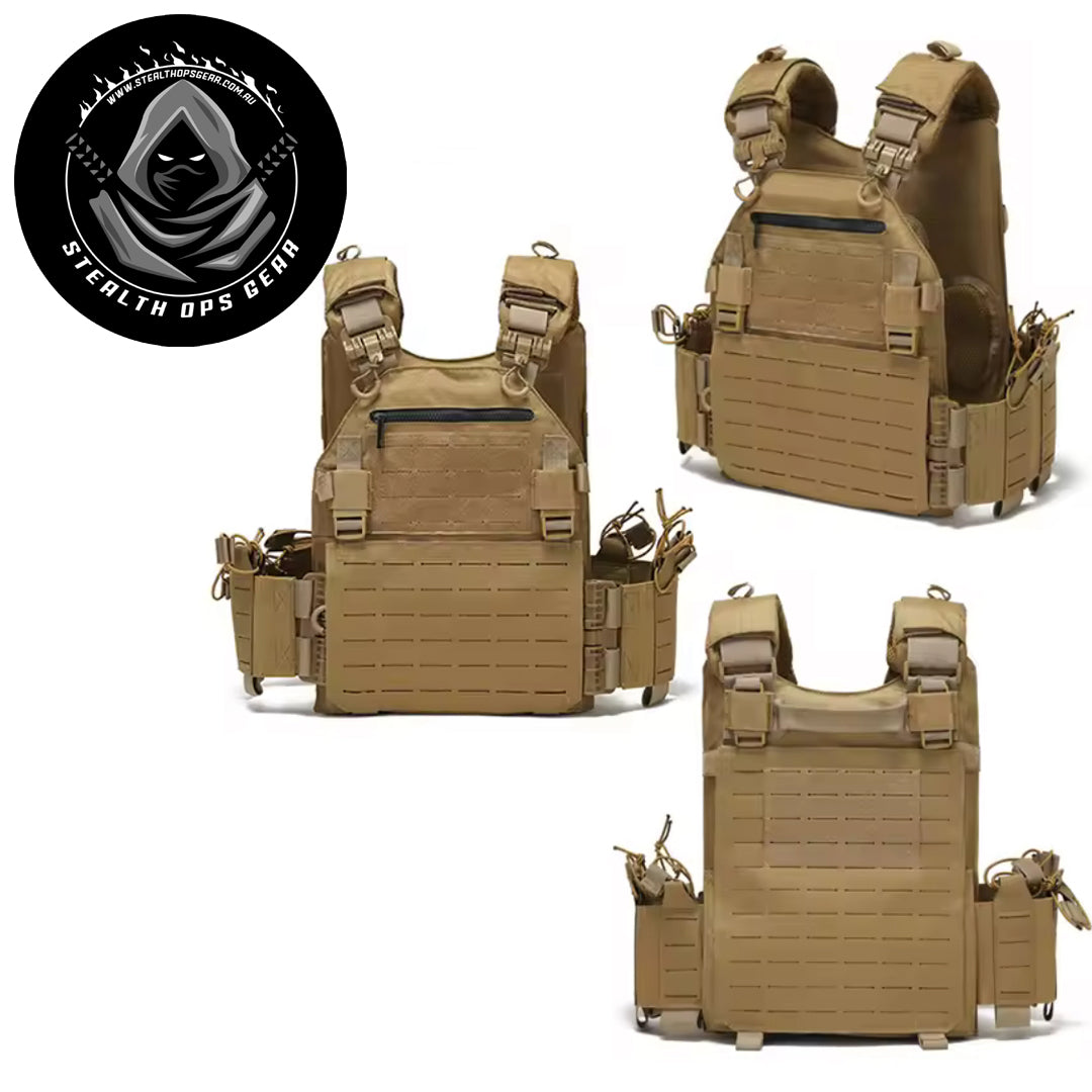 The Stealth Ops Quick Release Assault Vest in Coyote is engineered to deliver both durability and versatility for demanding outdoor environments. Made from rugged 1000D waterproof oxford cloth, this MOLLE-compatible vest withstands harsh conditions while providing reliable performance. www.moralepatches.com.au