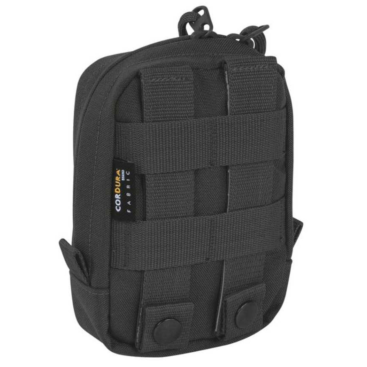 Discover the tactical pouch 1 vertical with MOLLE compatibility, a generously wide zippered entrance, and velcro panels for personalized identification. Keep your gear secure and always know who it belongs to! www.moralepatches.com.au black back view