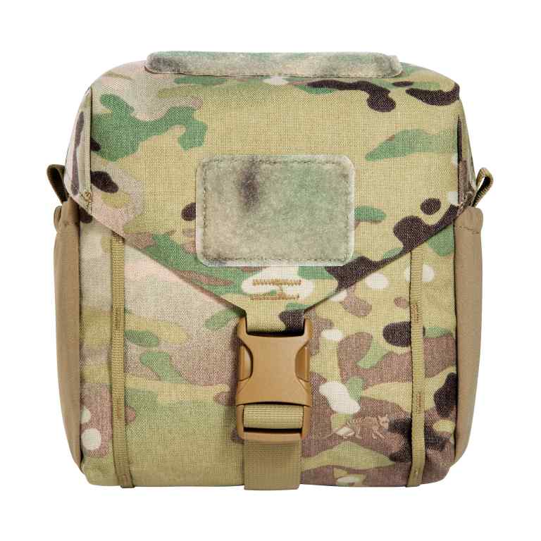 Accessory pouch for canteen and cutlery with MOLLE reverse system. The TT Canteen Pouch MKIII MC has two elastic side pockets and MOLLE hook-and-loop as well as elastic loops on the inside to secure a canteen and cutlery. www.moralepatches.com.au