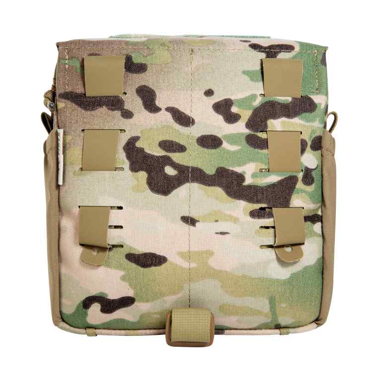 Accessory pouch for canteen and cutlery with MOLLE reverse system. The TT Canteen Pouch MKIII MC has two elastic side pockets and MOLLE hook-and-loop as well as elastic loops on the inside to secure a canteen and cutlery. www.moralepatches.com.au