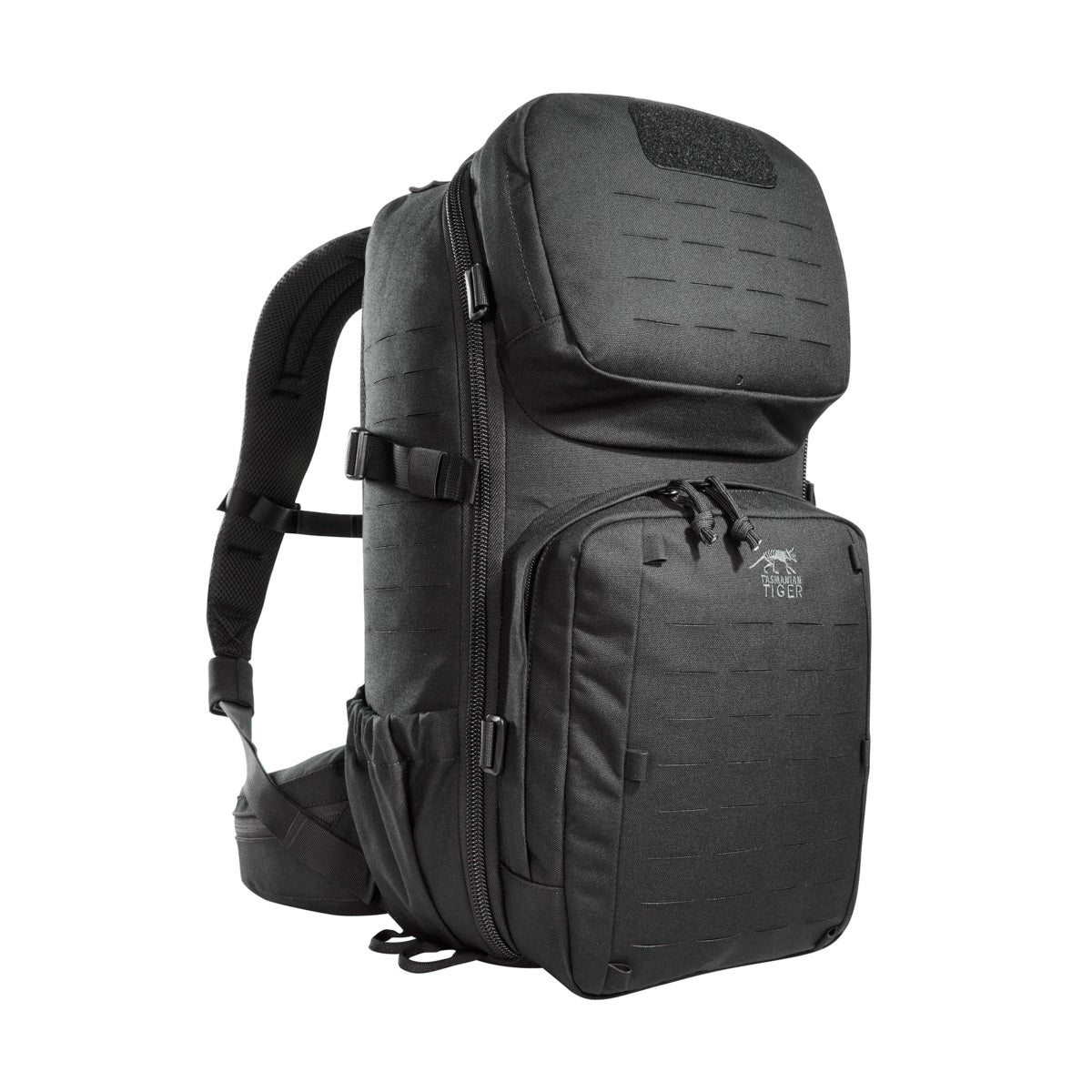 Small inner mesh pockets for storage of small items such as batteries, etc Upper front pocket (2L) and lower front pocket (3L) with zip compartments Hook-and-loop closure patch on the frontside (loop) Detachable hip fins with zip pockets Side pockets made of an elastic material Side compression Front and sides with MOLLE system in laser cut design for optional attachment of additional pockets Hydration system compatible www.moralepatches.com.au