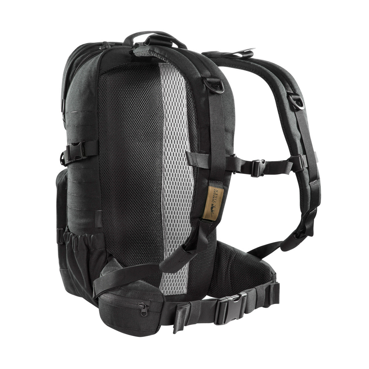Small inner mesh pockets for storage of small items such as batteries, etc Upper front pocket (2L) and lower front pocket (3L) with zip compartments Hook-and-loop closure patch on the frontside (loop) Detachable hip fins with zip pockets Side pockets made of an elastic material Side compression Front and sides with MOLLE system in laser cut design for optional attachment of additional pockets Hydration system compatible www.moralepatches.com.au