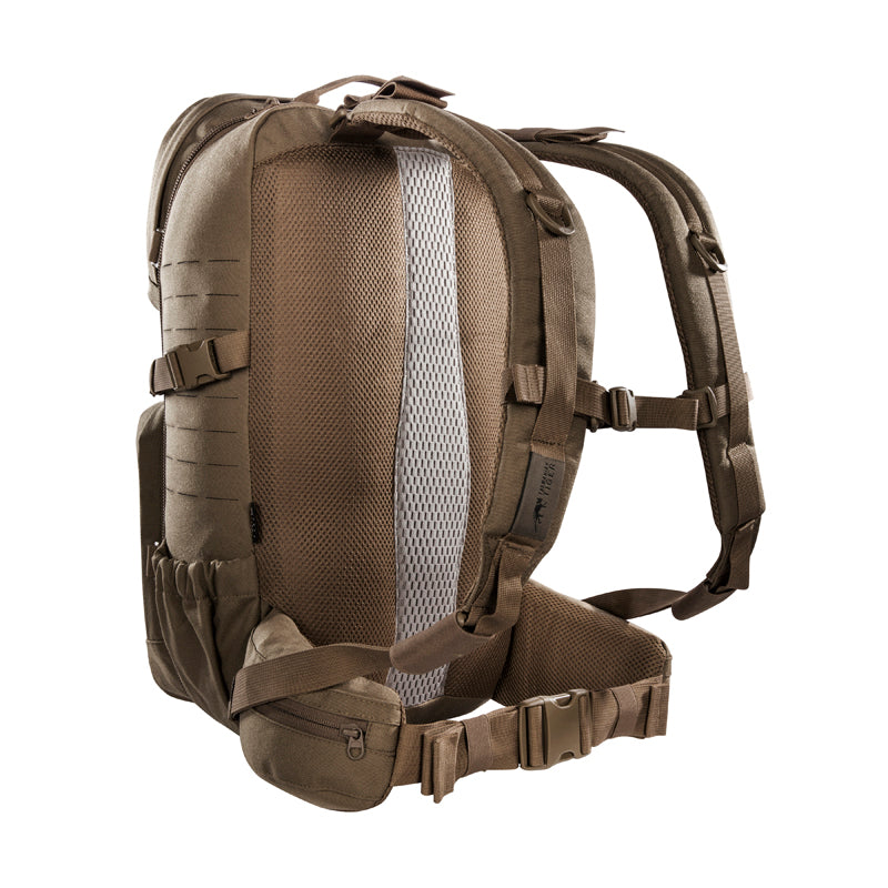 Small 22 litre universal combat backpack with two attachable pockets and elastic side pockets. It has a MOLLE hook-and-loop in the main compartment for customised modular add-ons and the laser-cut MOLLE on the front and sides mean you can combine it with other gear. www.moralepatches.com.au