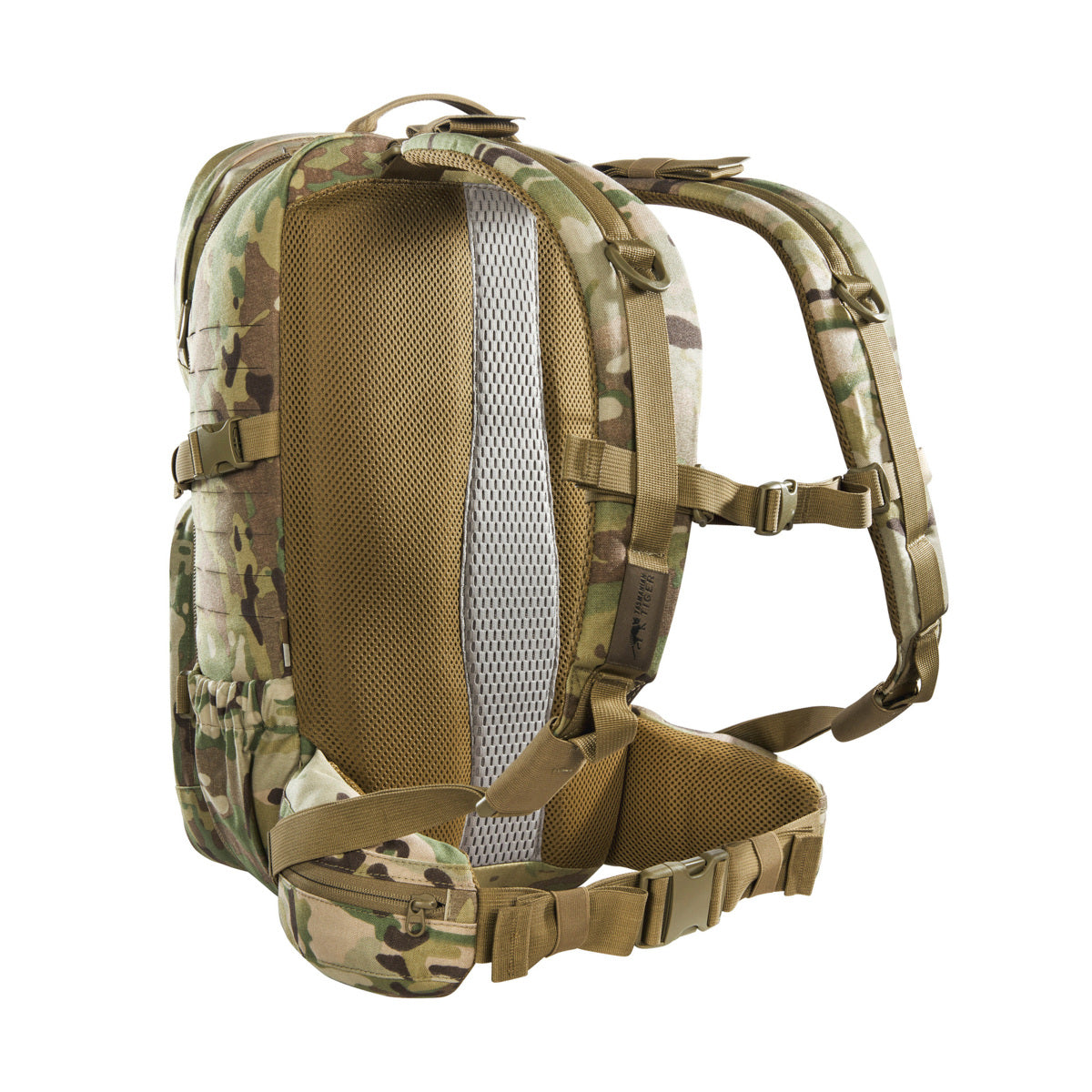 Small 22 litre universal combat backpack with two attachable pockets and elastic side pockets. It has a MOLLE hook-and-loop in the main compartment for customised modular add-ons and the laser-cut MOLLE on the front and sides mean you can combine it with other gear. www.moralepatches.com.au