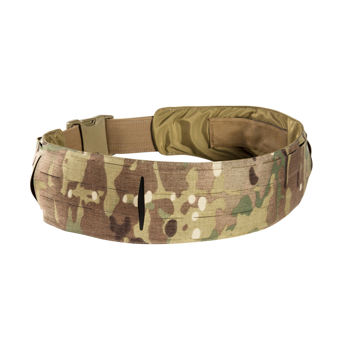 Extremely low-lying warrior belt for attaching to a tactical belt. The hook-and-loop fastening (hooks) is covered with a non-slip material when not in use. 4 laser-cut MOLLE slots high. www.moralepatches.com.au