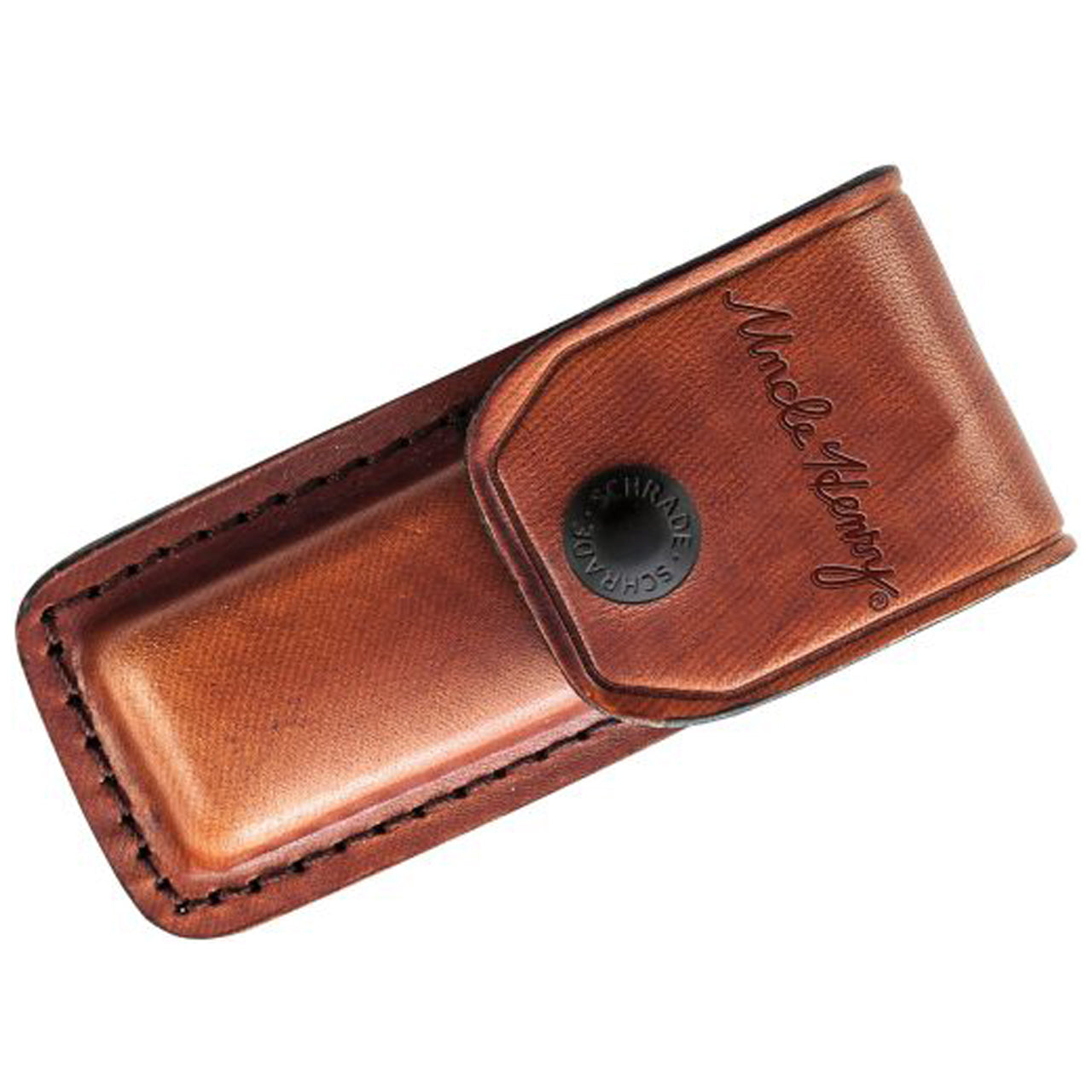 The illustrated Uncle Henry Knife is the Smokey Uncle Henry Knife that features a locking clip point blade made of stainless steel. The woodgrain handle of this Uncle Henry knife, 3 3/4″ closed, has brass liners, brass bolsters and a lockback. A genuine leather sheath is included. www.moralepatches.com.au