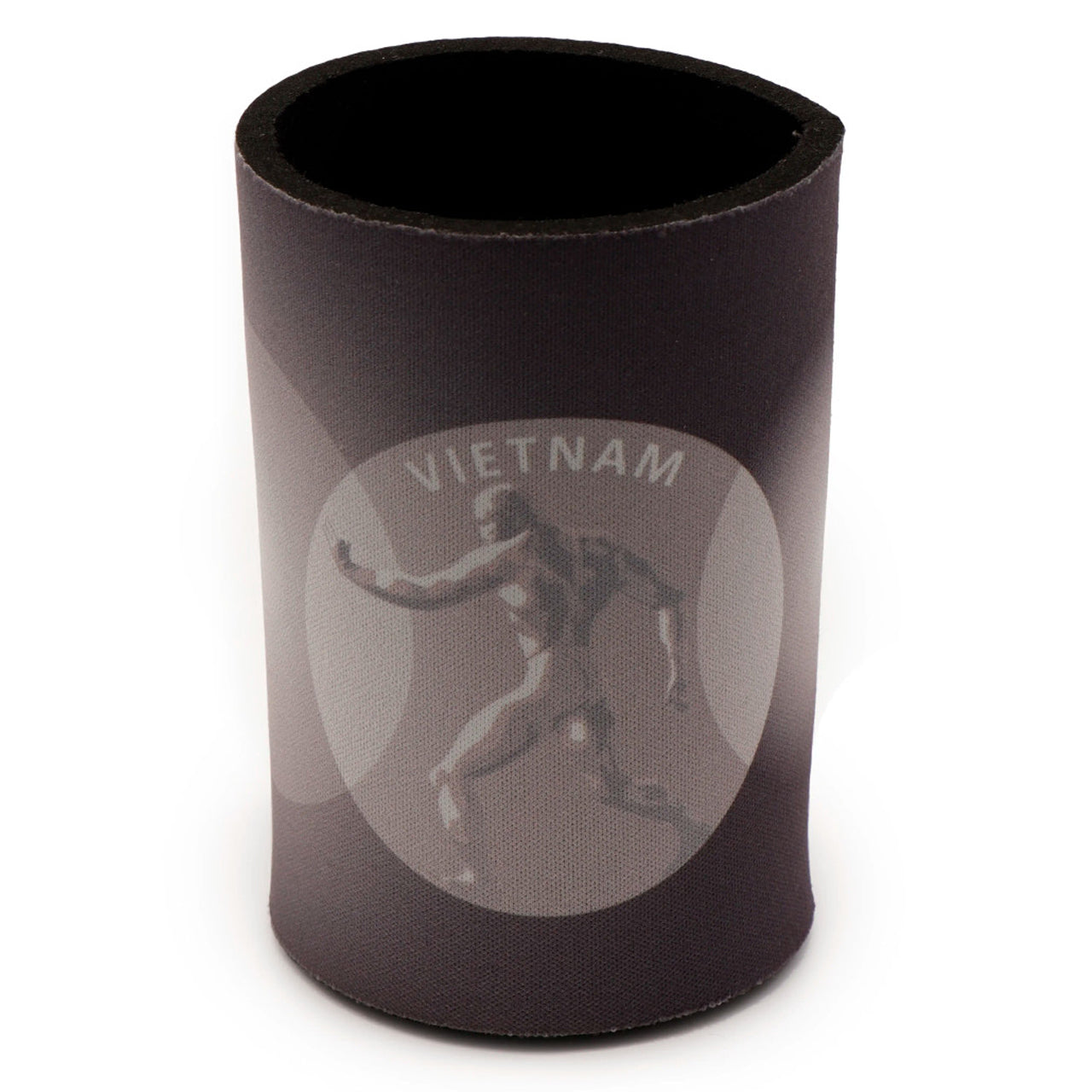 This remarkable drink cooler is sure to spark conversations! Gracing it is a man standing betwixt two symbolic spheres, echoing the reverse of Vietnam & Vietnam Support medals, symbolizing the ideological war in Vietnam. Crafted from neoprene, it keeps drinks refreshingly chilly and hands warm. www.moralepatches.com.au