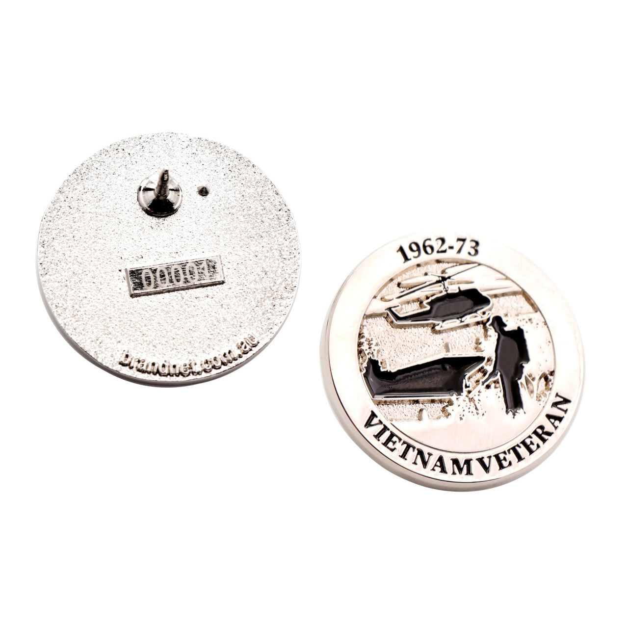 The exceptional Vietnam War Veteran Lapel Pin on Card. This stunning Vietnam lapel pin features iconic images from Vietnam, with 1962-73 and Vietnam Veteran. www.moralepatches.com.au