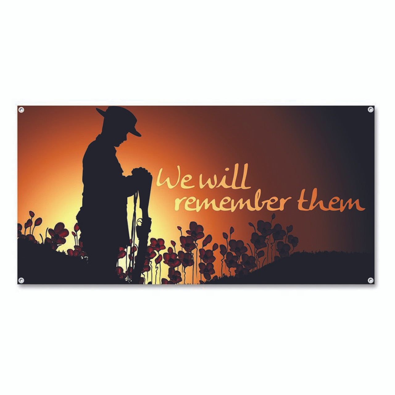 The 'We will remember them' flag is a stunning display of artwork and memory that will leave you in awe. This beautiful flag features a digger at dawn amidst a field of poppies, symbolizing remembrance and paying tribute to those who have served. www.moralepatches.com.au
