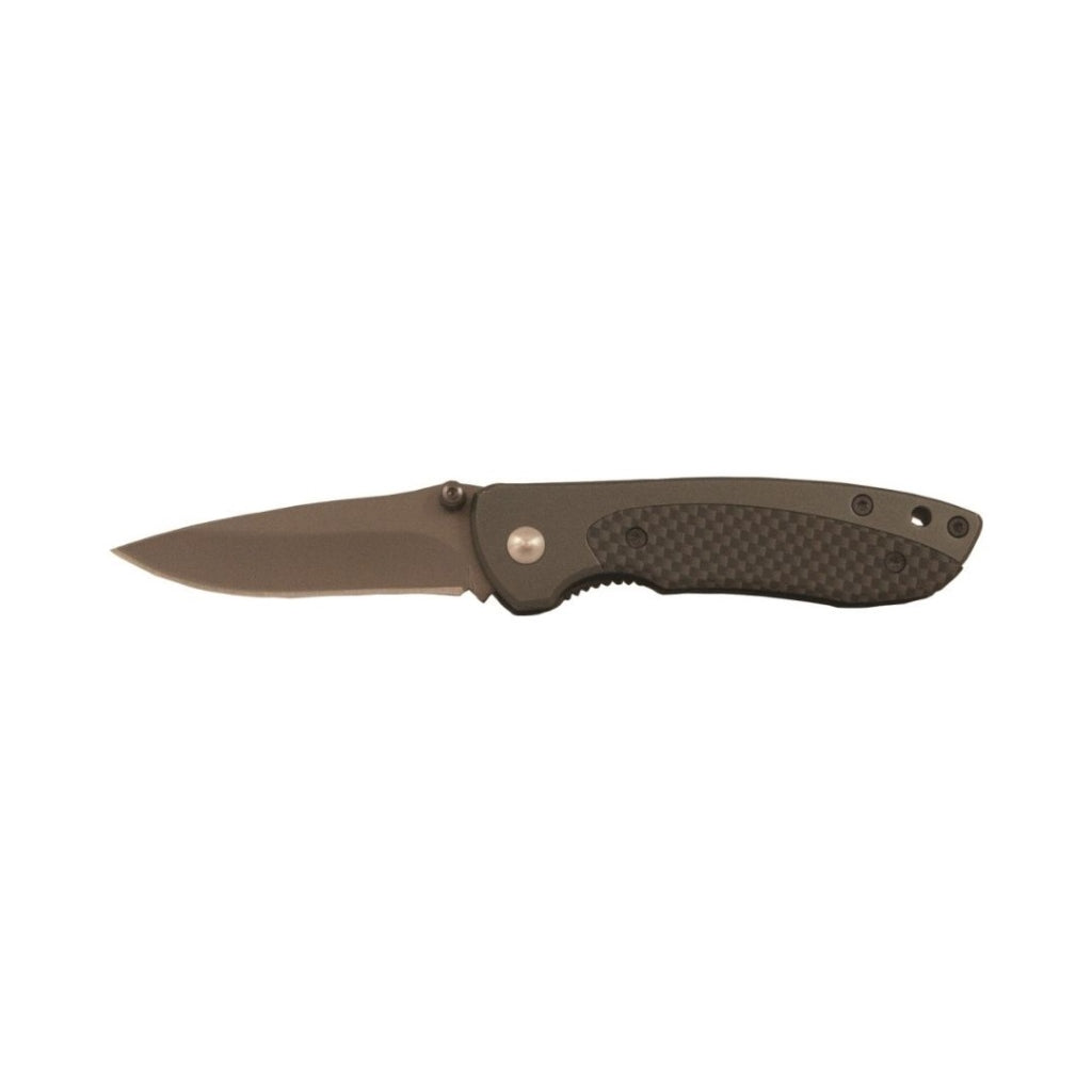This Whitby Knife features a sleek aluminium handle with a striking carbon fibre effect, paired with a durable stainless steel blade measuring 6.35cm (2.5"). Compact and lightweight at 79g, it closes to just 8.9cm (3.5") for easy portability. Designed for convenience, it includes a lanyard hole, pocket clip, and thumb stud, making it a reliable and practical tool for everyday use. www.moralepatches.com.au