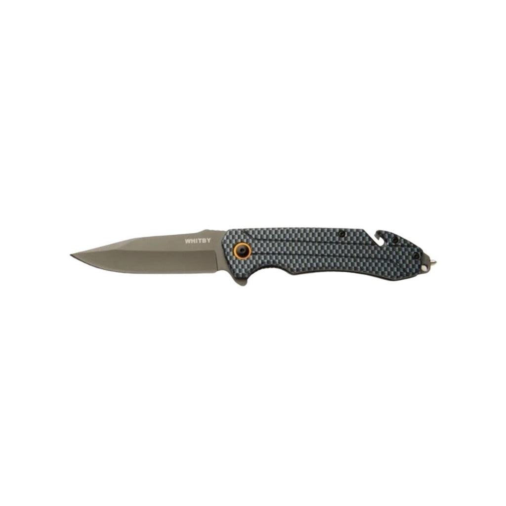 The Whitby Rescue Lock Knife is designed for quick and reliable use in emergencies. It features an aluminium handle with a sleek carbon fibre pattern and a durable 420 stainless steel blade finished in dark grey. www.moralepatches.com.au