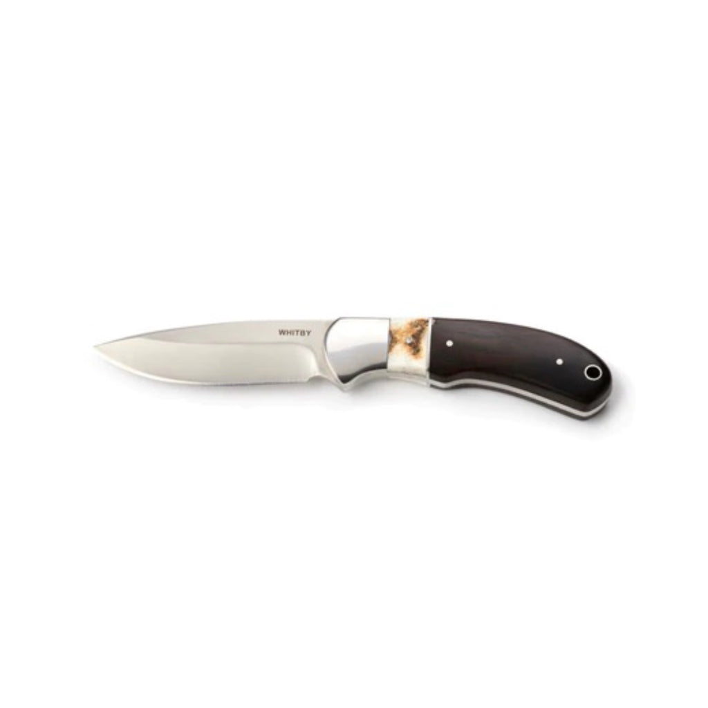Crafted with a handle combining staghorn and ebony wood, this knife features a sharp stainless steel blade measuring 8.9cm (3.5"). When closed, it spans 19.1cm (7.5") and weighs 153g, offering a balanced and durable tool. It comes with a convenient lanyard hole and a protective leather sheath, making it perfect for both everyday use and outdoor adventures. www.moralepatches.com.au
