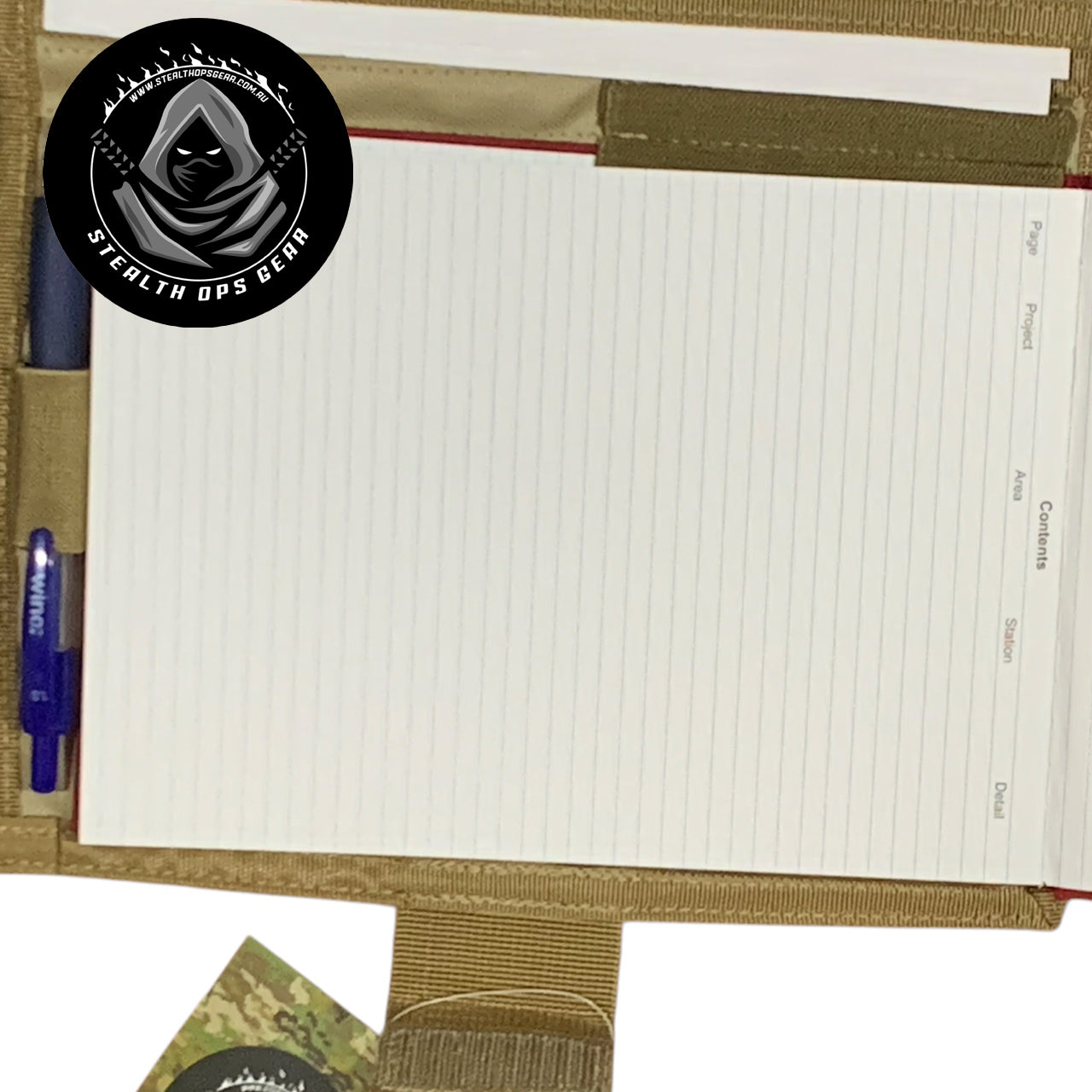 The perfect companion for your Field Survey Notebook is here - the AMCU Survey Notebook Stealth Ops Gear! This notebook cover not only protects your notebook with its elastic loop, but it also has a clear plastic window for maps and additional sleeves for any important papers or objects. Plus, keep your writing utensil within reach with the pen/pencil elastic loop. Upgrade your surveying game with this must-have gear! www.moralepatches.com.au