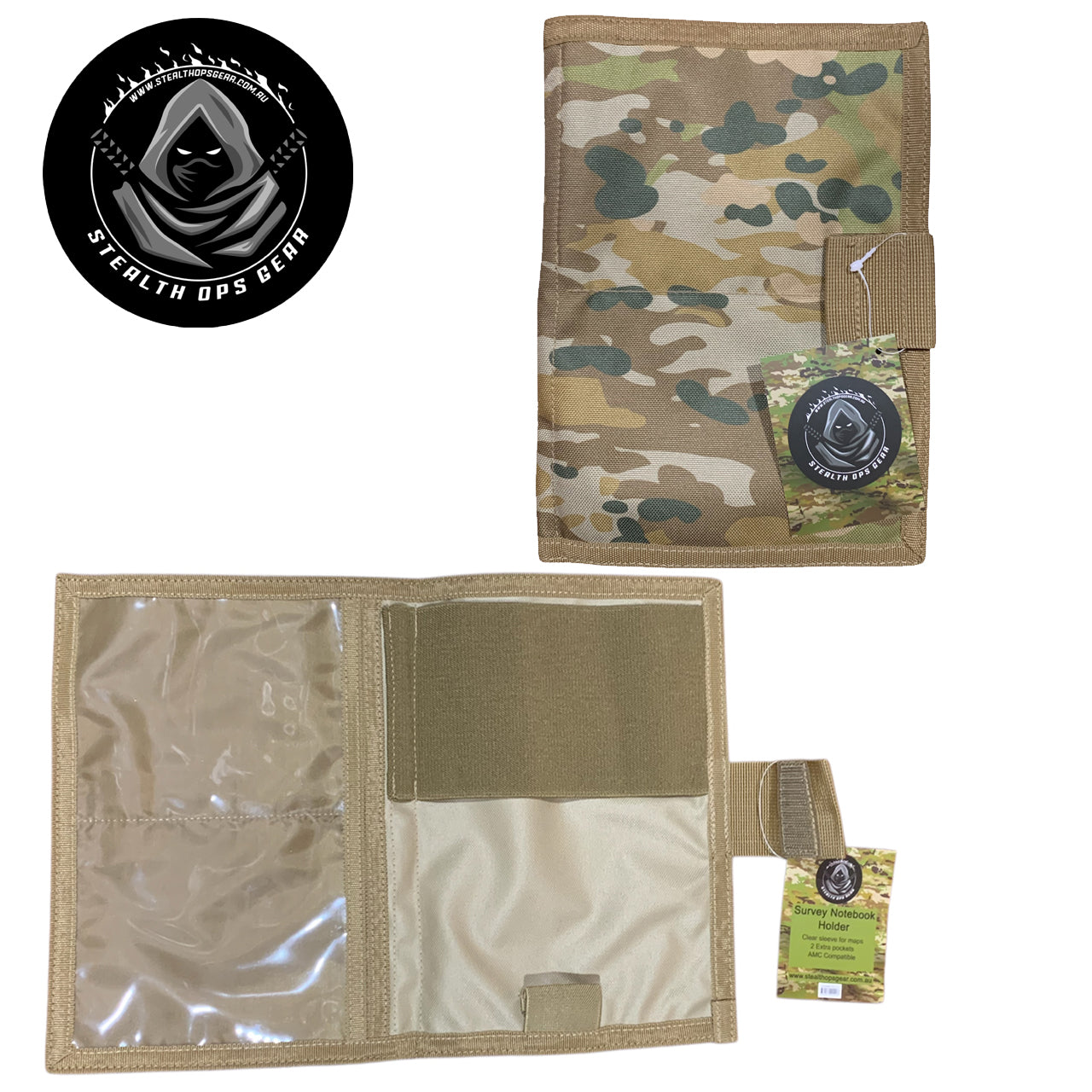 The perfect companion for your Field Survey Notebook is here - the AMCU Survey Notebook Stealth Ops Gear! This notebook cover not only protects your notebook with its elastic loop, but it also has a clear plastic window for maps and additional sleeves for any important papers or objects. Plus, keep your writing utensil within reach with the pen/pencil elastic loop. Upgrade your surveying game with this must-have gear! www.moralepatches.com.au