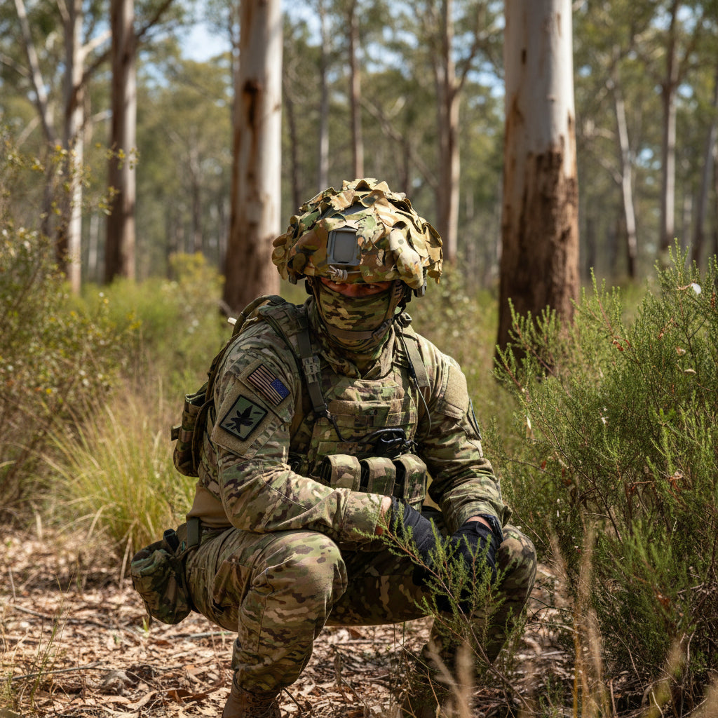 AMCU Tactical Camouflage Helmet Cover — engineered to shatter your helmet's silhouette and keep you concealed in the field. This premium netting disrupts the distinctive outline that gives away your position, delivering genuine tactical advantage when it matters most. www.moralepatches.com.au