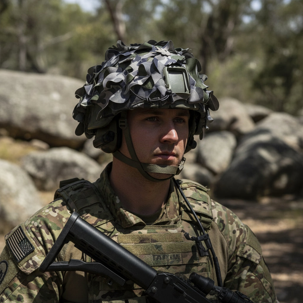 DPNU Tactical Camouflage Helmet Cover — engineered to shatter your helmet's silhouette and keep you concealed in the field. This premium netting disrupts the distinctive outline that gives away your position, delivering genuine tactical advantage when it matters most. www.moralepatches.com.au