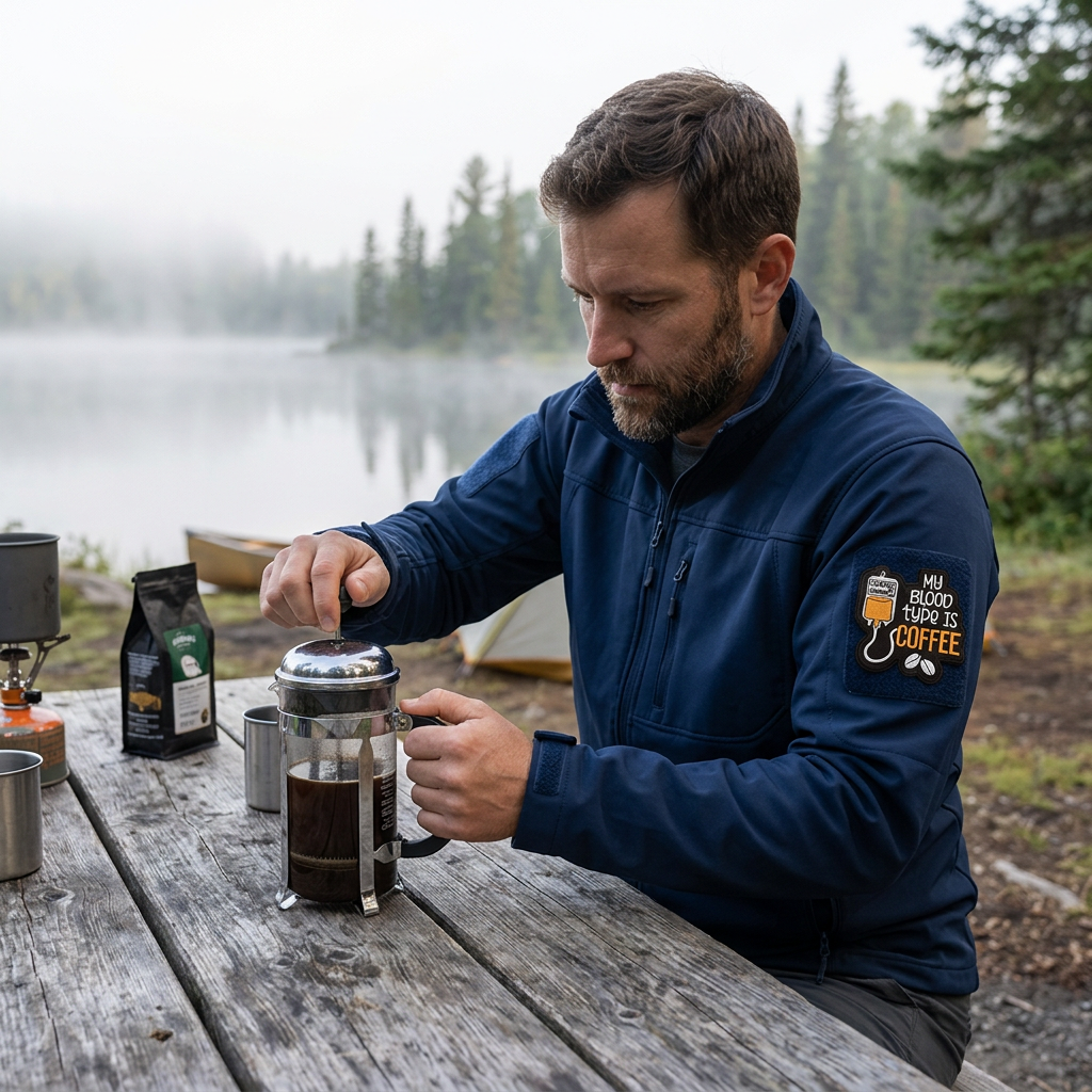 My Blood Type Is Coffee patch on a navy jacket while making lakeside coffee