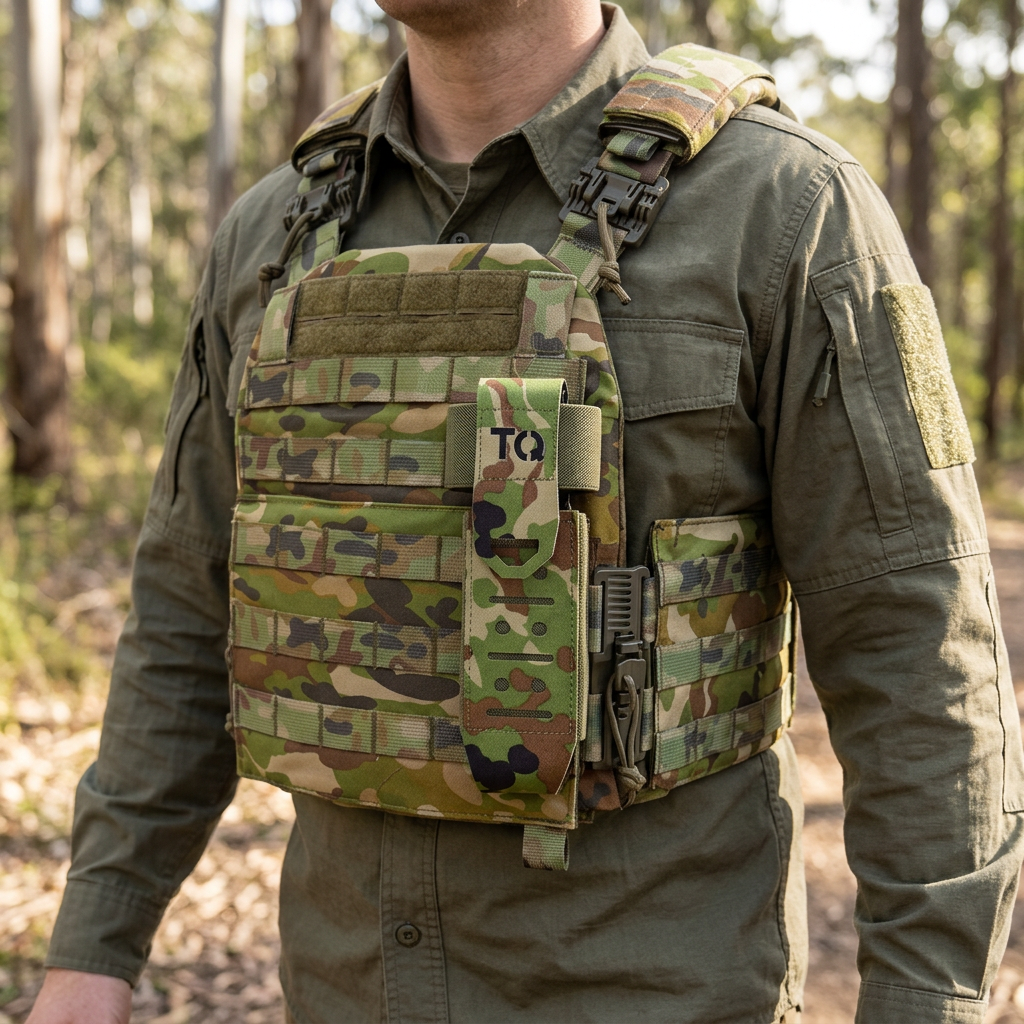 AMCU tourniquet holder on a worn AMCU plate carrier in bushland