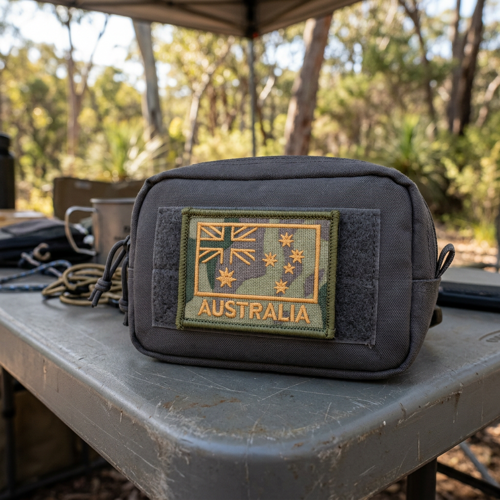 Multicam Australian flag patch on a charcoal gear pouch at a campsite