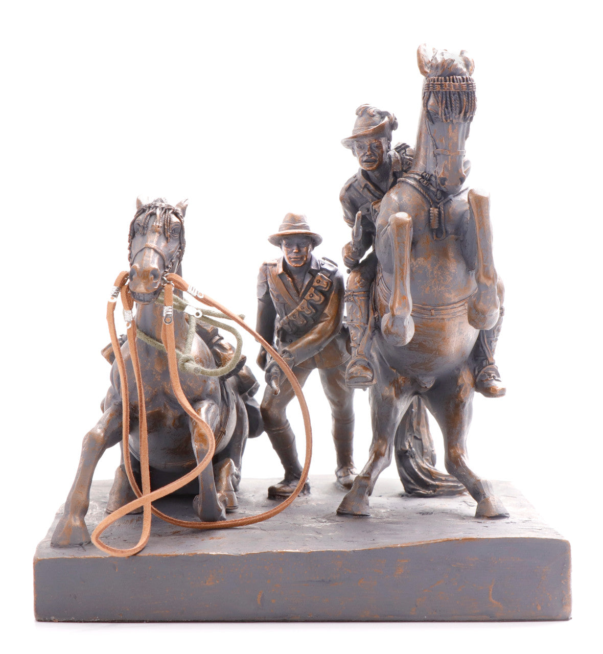 This stunning cold cast bronze figurine honours the bonds of the Desert Mounted Corps of Australian and New Zealand soldiers who died in service or were killed in action in Egypt, Palestine and Syria during World War One. This mid-size figurine is a sensational version of the commonly titled Light Horse Memorial found on Anzac Parade, Canberra. www.moralepatches.com.au