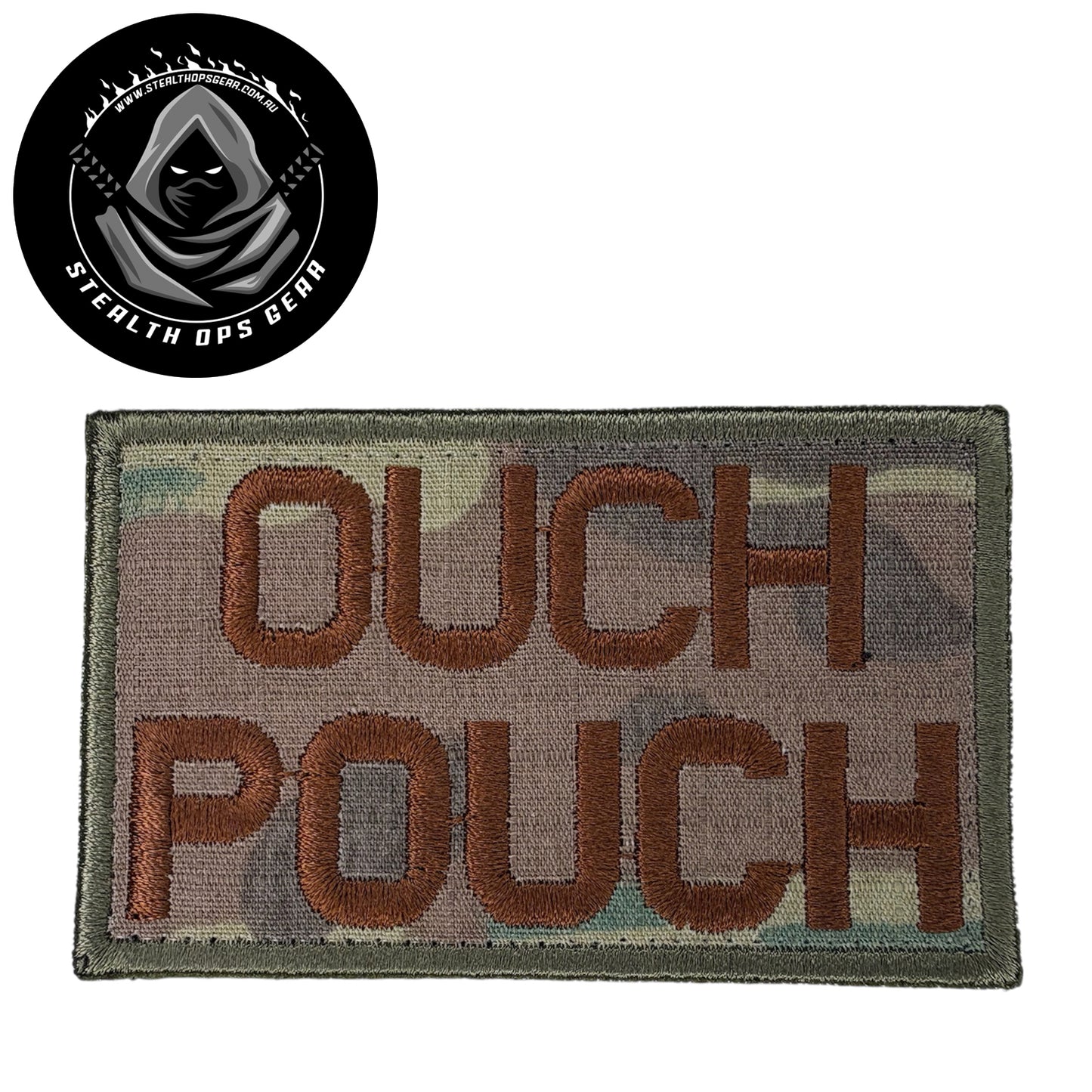 The Ouch Pouch Multicam Brown Thread Embroidery Morale Patch , measuring 8x5cm, is a striking and durable addition to personalize your gear with style and toughness. Crafted with high-quality embroidery, this patch features a versatile Multicam pattern that blends seamlessly with various tactical and outdoor equipment. www.moralepatches.com.au