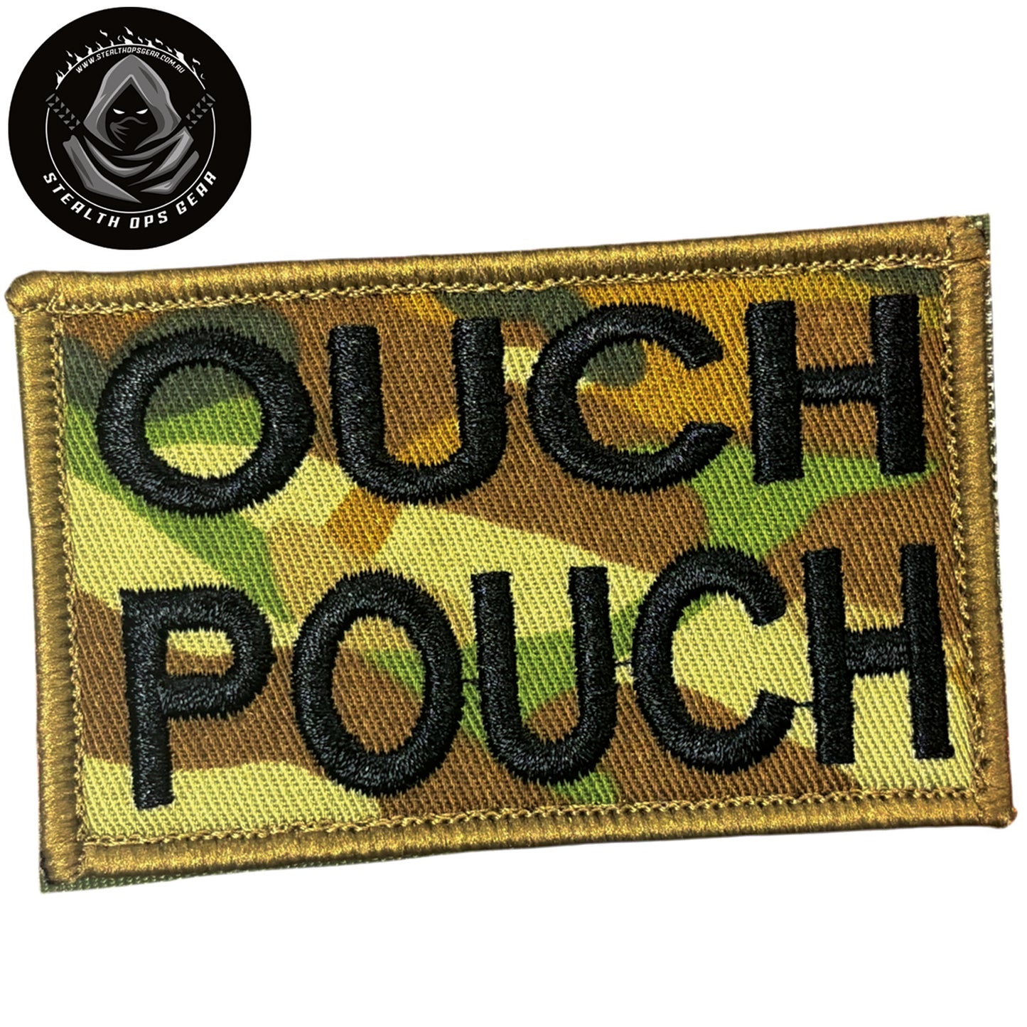 The Ouch Pouch AMCU Velcro Backed Embroidery First Aid Morale Patch - Stealth Ops Gear, measuring 8x5cm, is a striking and durable addition to personalize your gear with style and toughness. www.moralepatches.com.au