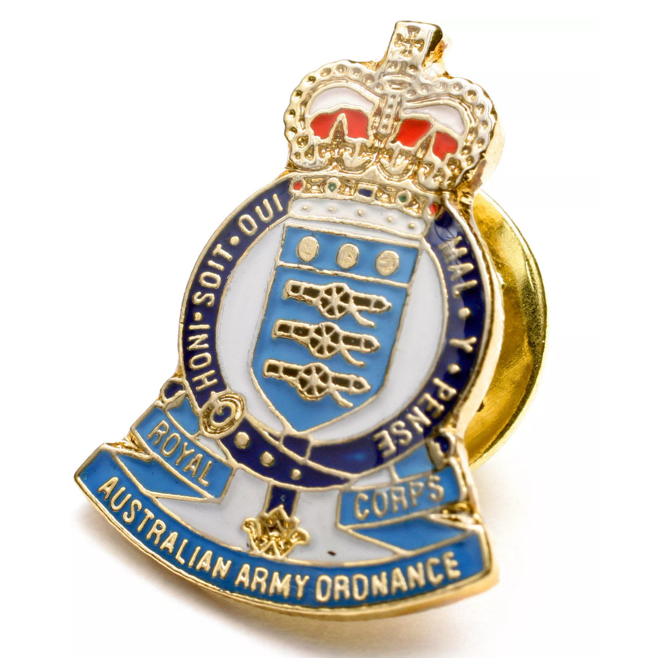 The Royal Australian Army Ordnance Corps (RAAOC) 20mm full-colour enamel lapel pin. This beautiful gold-plated lapel pin will look great on both your jacket and your cap. www.moralepatches.com.au