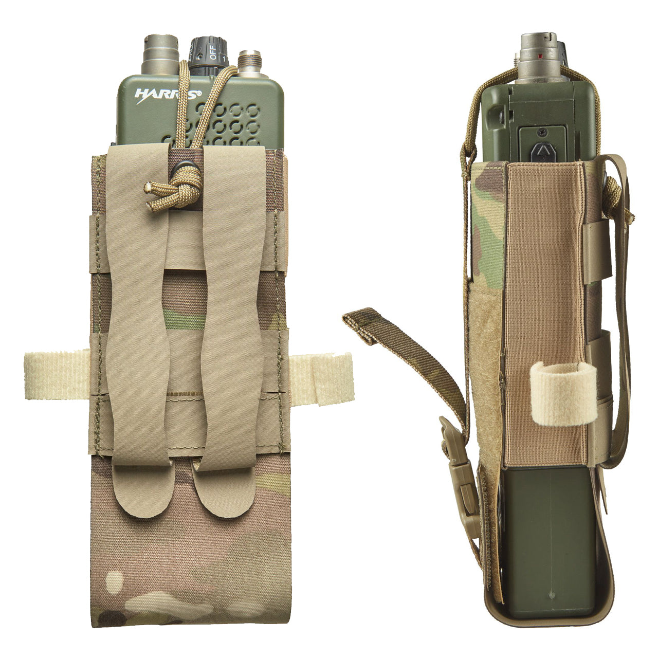 This pouch has been designed securely hold AN/PRC-152 Multiband Handheld Radio with or without GPS module. The pouch can be adjusted in height for when the user is operating with a battery splitter. www.moralepatches.com.au side and rear view pouch