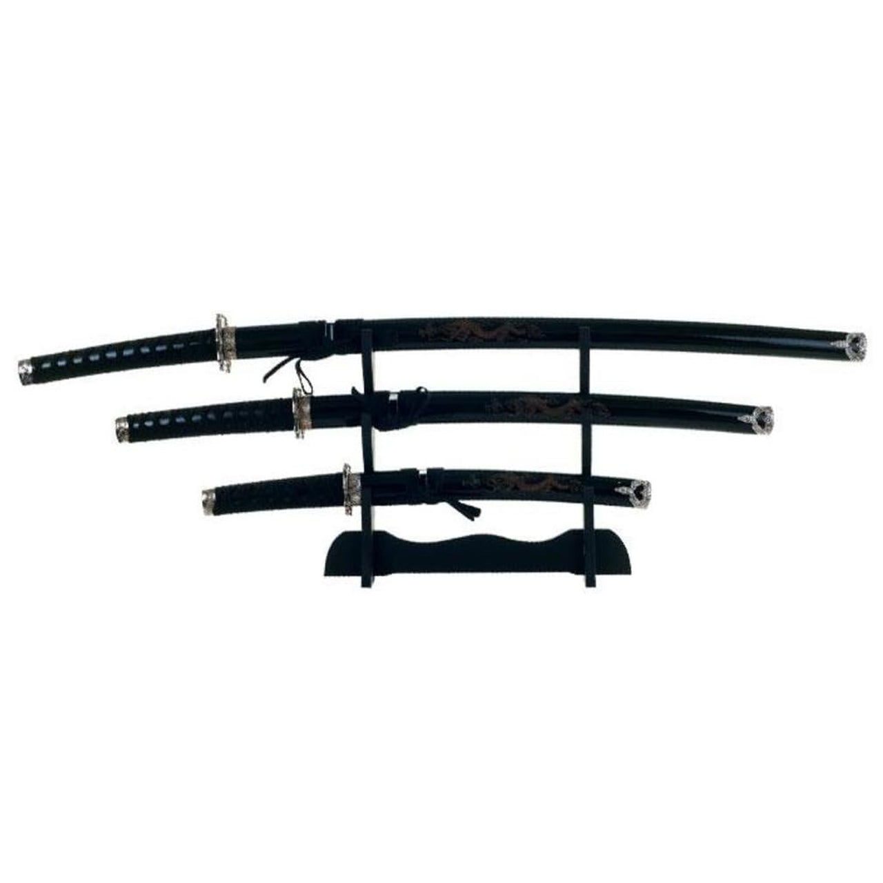 Three piece sword set with wood display stand 100cm katana sword 80cm wakizashi sword 54cm tanto sword Display stand constructed of black wood Will not ship to Victoria Please note image for illustration purposes only, no dragon design on scabbard www.moralepatches.com.au