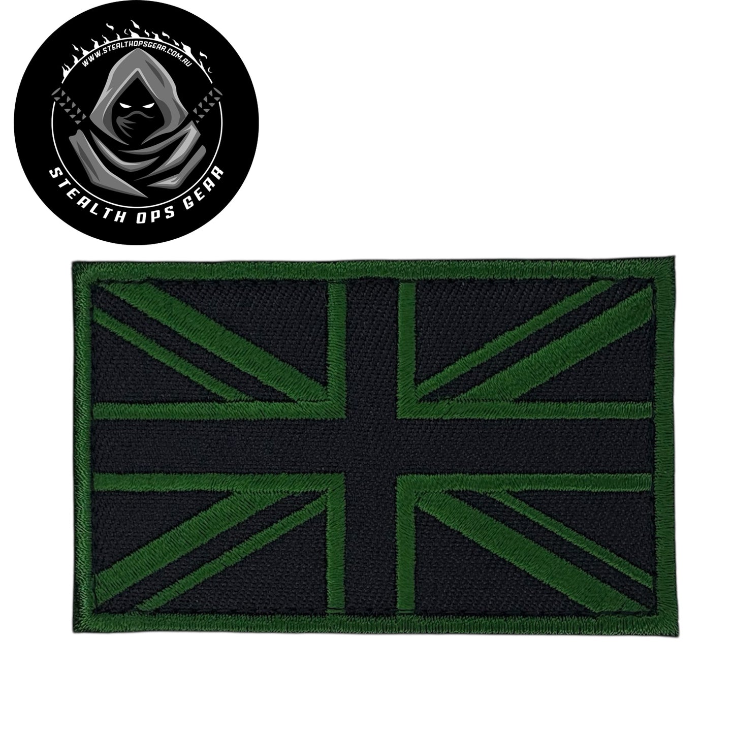 UK Black & Green Thread Embroidery Morale Patch - Stealth Ops Gear, measuring 8x5cm, is a striking and durable addition to personalize your gear with style and toughness. Crafted with high-quality embroidery, this patch features a versatile pattern that blends seamlessly with various tactical and outdoor equipment. www.moralepatches.com.au