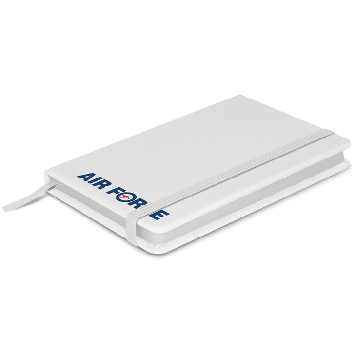 Small Air Force branded notebook with 80 leaves (160 pages) of 70gsm lined paper and a hard cover with a luxury soft touch Neoskin finish. It has an elastic closure band and a bookmark ribbon. Dimensions W 89mm x L 140mm x 15mm