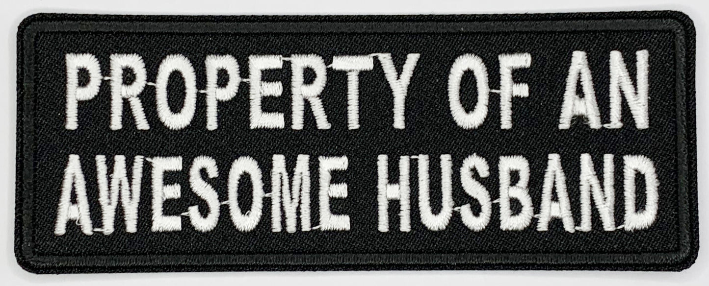 Property of an awesome husband Iron On Patch. Great for attaching to your jackets, shirts, pants, jeans, hats. Size: 10.3X4cm