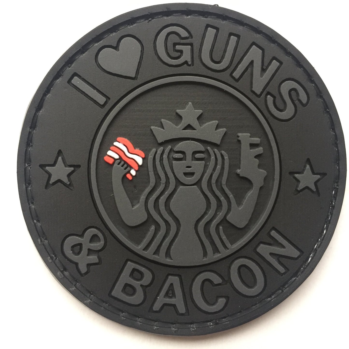I Love Guns and Bacon PVC Patch, Velcro backed Badge. Great for attaching to your field gear, jackets, shirts, pants, jeans, hats or even create your own patch board. Size: 6cm