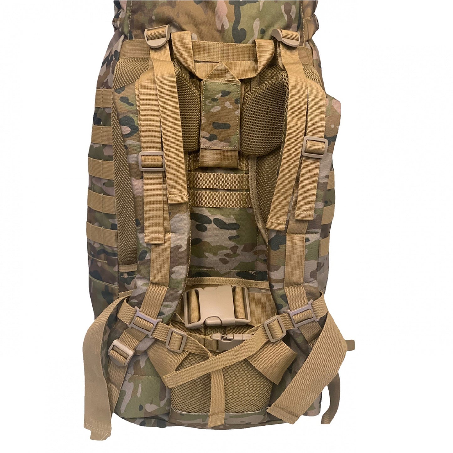 60lt Heavy duty 900D coats PU fabric Nylon buckles Heavy duty webbing Dual compartment pack & top pocket Internal gusset for compartmental separation Top gusset with drawstring # 10 zips Heavy duty webbing with full MOLLE setup Adjustable ladder harness Weight: 1.85kg