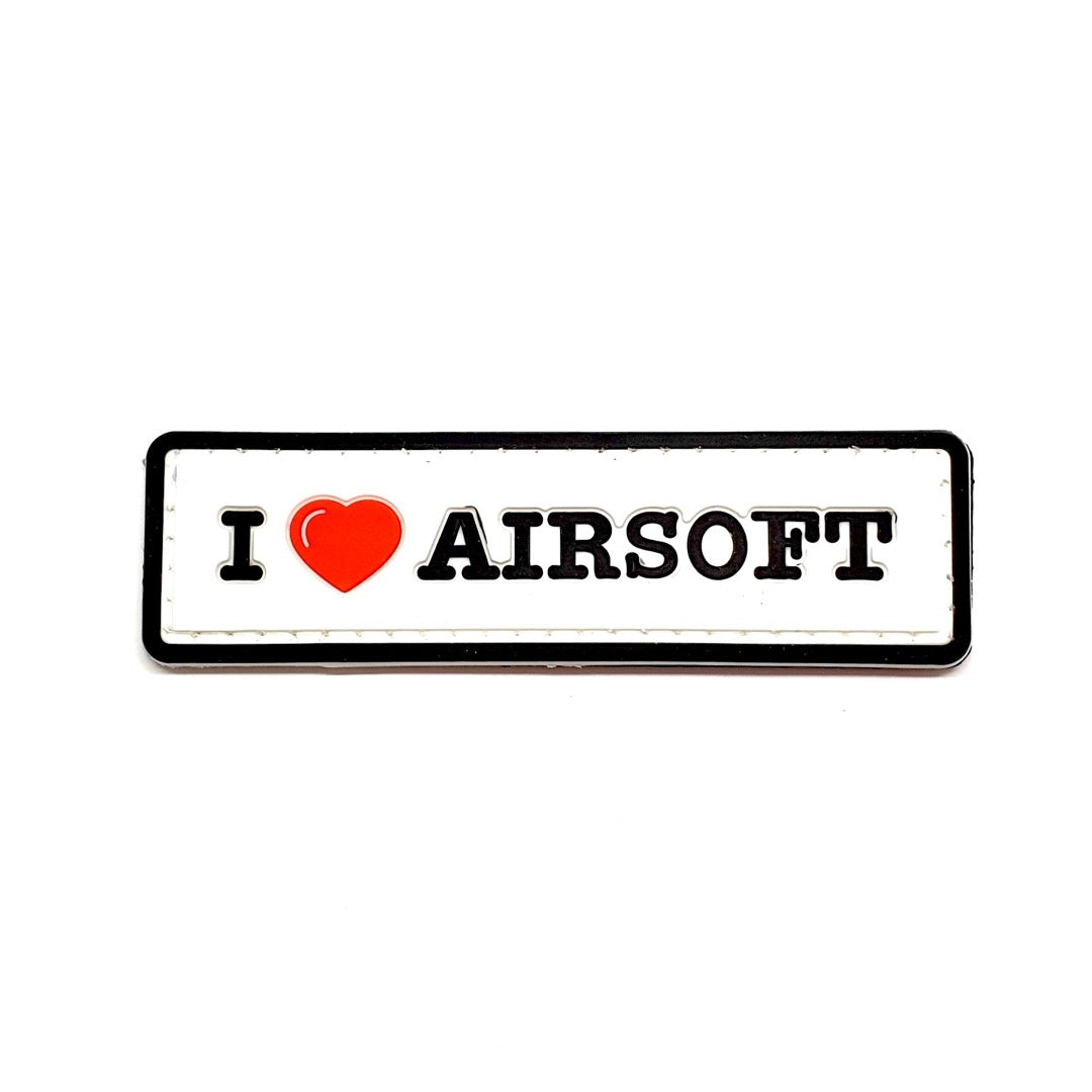 I Love Airsoft PVC Patch, Velcro backed Badge. Great for attaching to your field gear, jackets, shirts, pants, jeans, hats or even create your own patch board. Size: 8.5x2.5cm