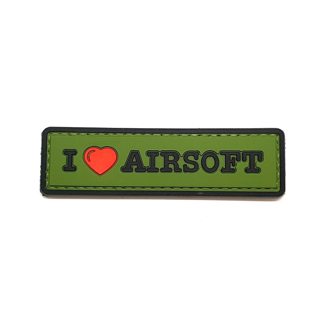 I Love Airsoft PVC Patch, Velcro backed Badge. Great for attaching to your field gear, jackets, shirts, pants, jeans, hats or even create your own patch board. Size: 8.5x2.5cm