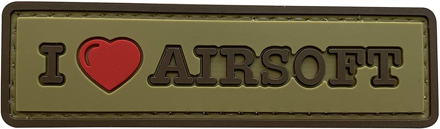 I Love Airsoft PVC Patch, Velcro backed Badge. Great for attaching to your field gear, jackets, shirts, pants, jeans, hats or even create your own patch board. Size: 8.5x2.5cm