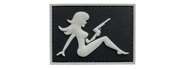 Mudflap Girlwith Pistol on Left Hand PVC Patch, Velcro backed Badge. Great for attaching to your field gear, jackets, shirts, pants, jeans, hats or even create your own patch board. Size: 7x5cm