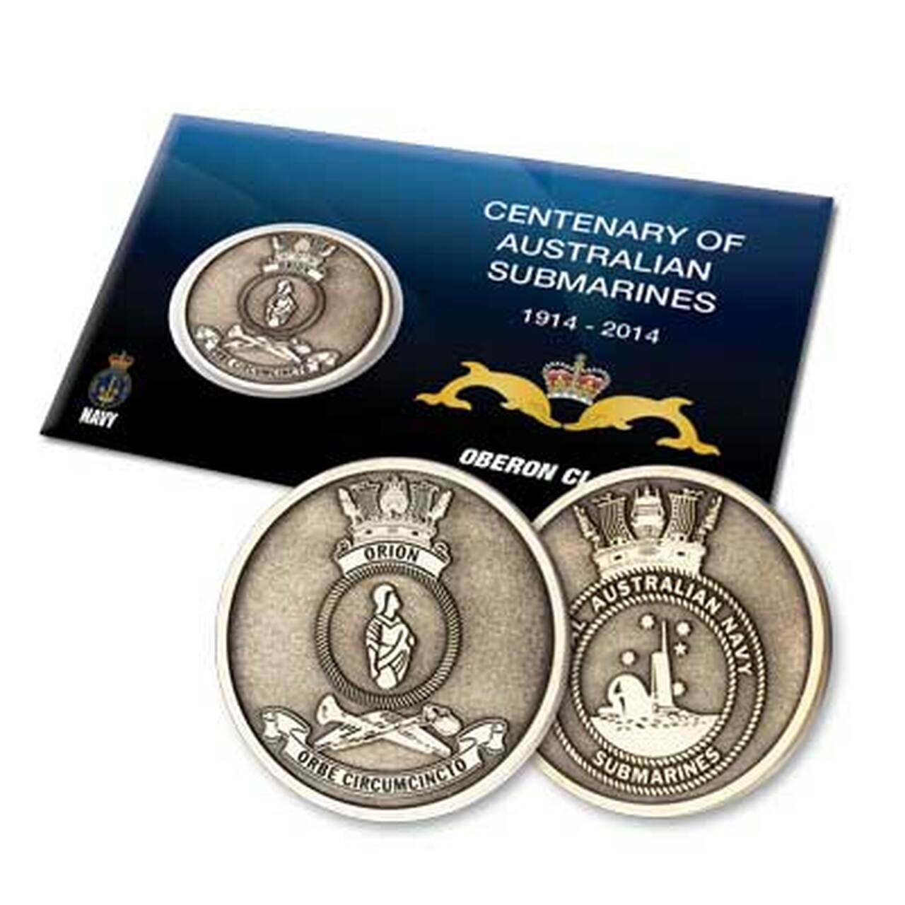 A unique HMAS Orion Medallion. 40mm antique brass finished medallion with the HMAS Orion ships badge on the front and the Royal Australian Navy Submarines badge on the reverse. The medallion is presented in a blister pack with information on the Oberon class submarines.