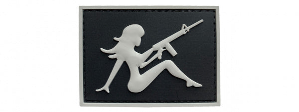 Girl with Rifle on Left Hand PVC Patch, Velcro backed Badge. Great for attaching to your field gear, jackets, shirts, pants, jeans, hats or even create your own patch board. Size: 7x5cm moralepatches.com.au