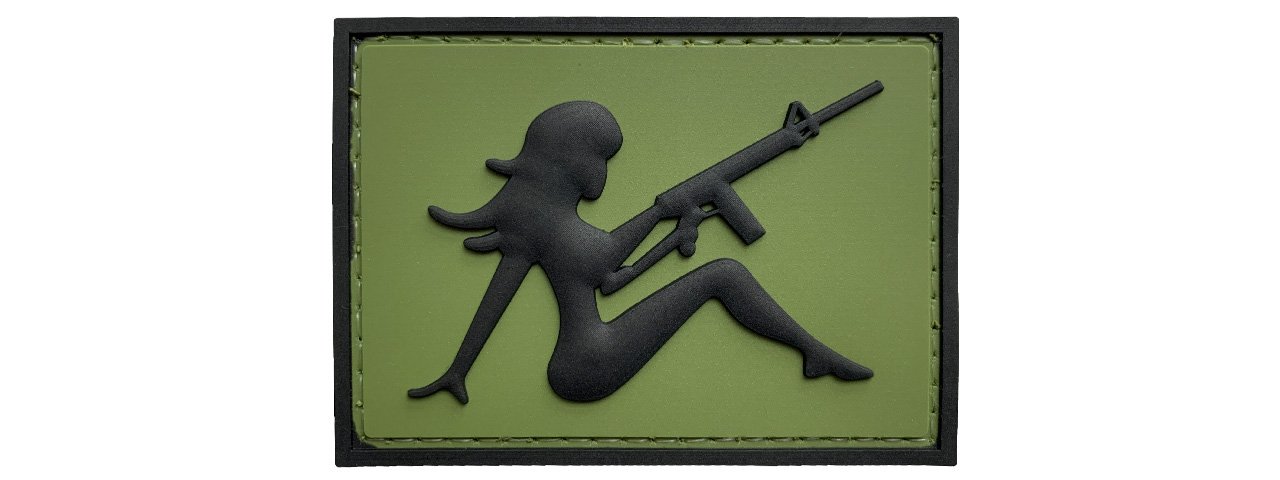 Girl with Rifle on Left Hand PVC Patch, Velcro backed Badge. Great for attaching to your field gear, jackets, shirts, pants, jeans, hats or even create your own patch board. Size: 7x5cm moralepatches.com.au