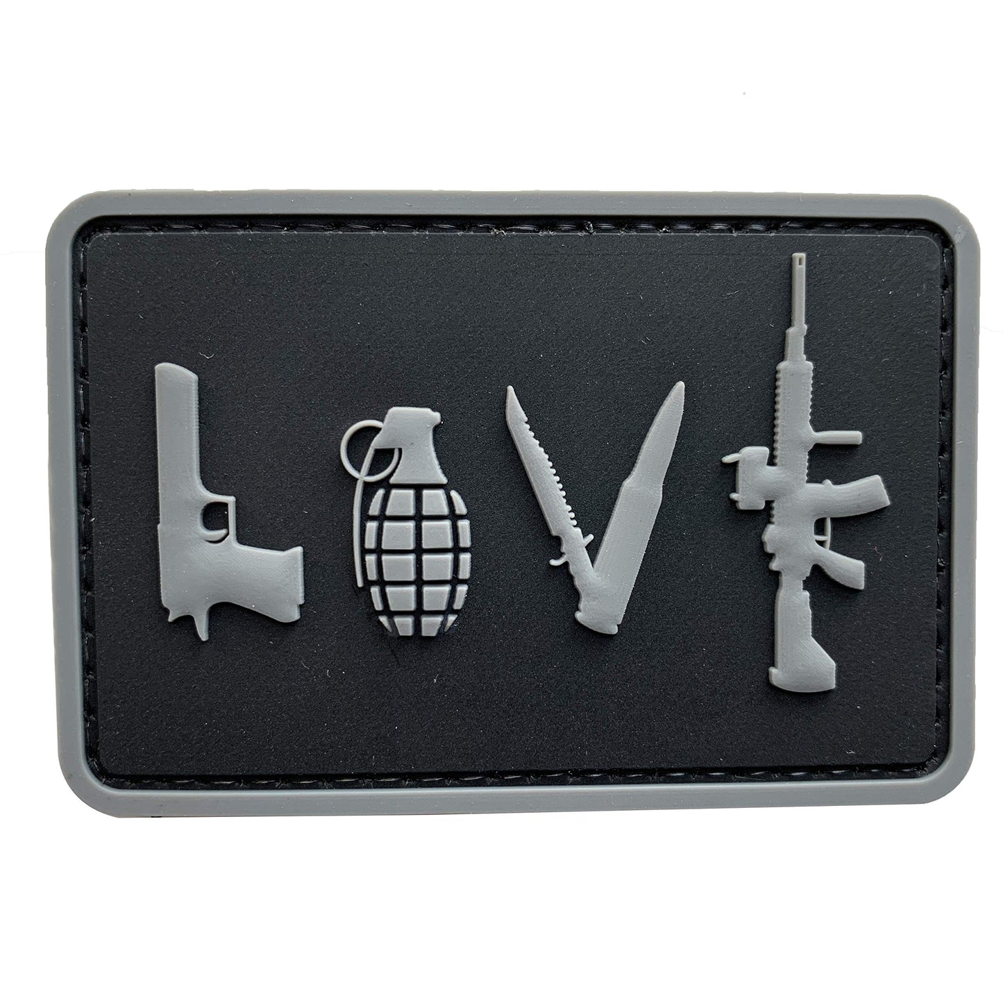 LOVE - Pistol Grenade Knife Rifle PVC Patch, Velcro backed Badge. Great for attaching to your field gear, jackets, shirts, pants, jeans, hats or even create your own patch board. Size: 7.5x5cm