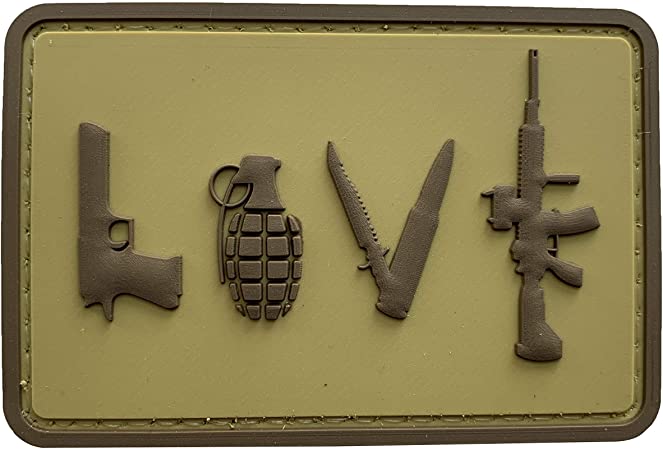 LOVE - Pistol Grenade Knife Rifle PVC Patch, Velcro backed Badge. Great for attaching to your field gear, jackets, shirts, pants, jeans, hats or even create your own patch board. Size: 7.5x5cm