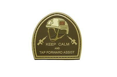 Keep Calm and Tap Forward Assist Carved Background PVC Patch Coyote Tan, Velcro backed Badge. Great for attaching to your field gear, jackets, shirts, pants, jeans, hats or even create your own patch board. Size: 5cm