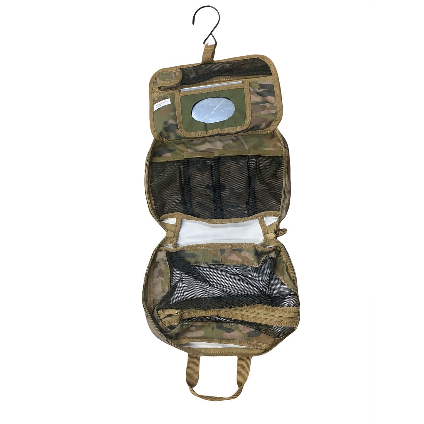 Great for military, cadets, camping and hiking to keep all your personal hygiene requirements together in one pouch It folds up into a small pouch for travel and storage and can be hung vertically on a tree branch or hootchie cord when in the field so this way you can use the mirror when shaving or putting camo paint on.