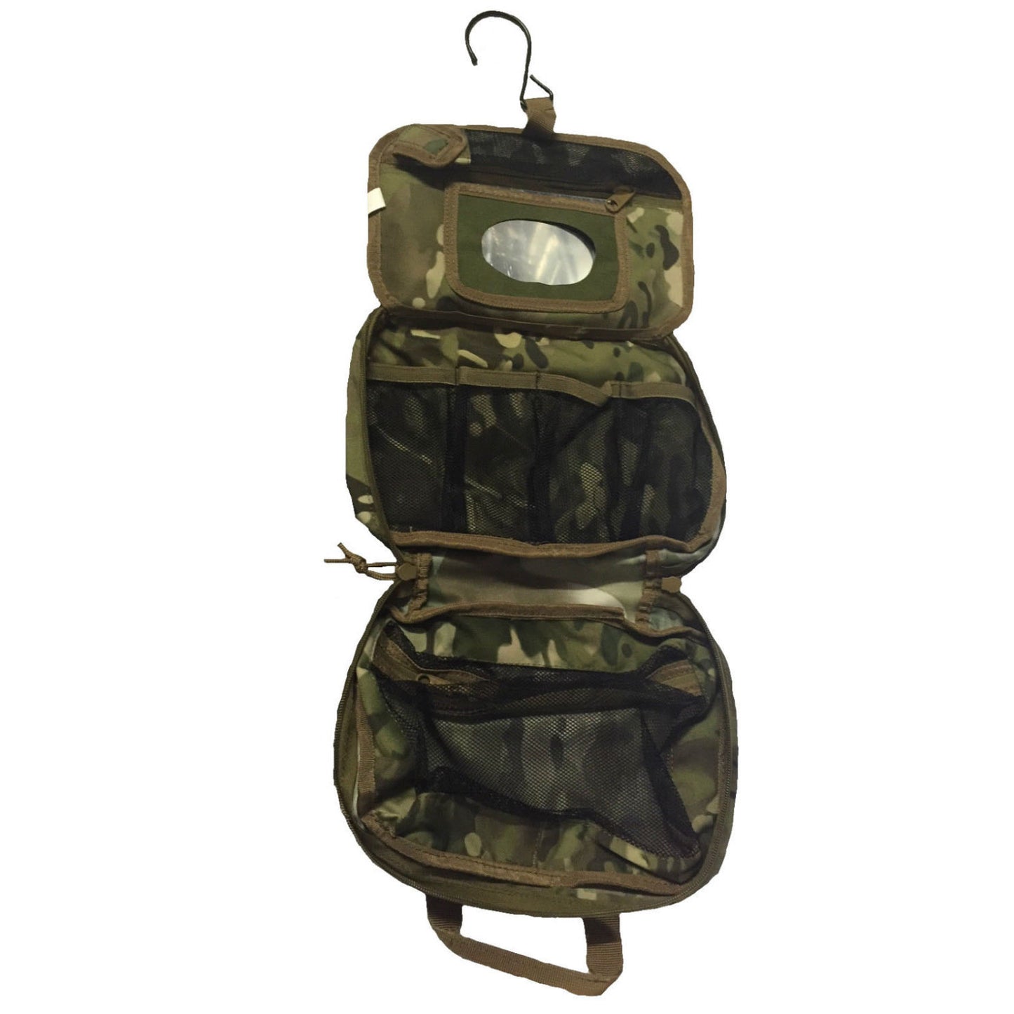 Great for military, cadets, camping and hiking to keep all your personal hygiene requirements together in one pouch It folds up into a small pouch for travel and storage and can be hung vertically on a tree branch or hootchie cord when in the field so this way you can use the mirror when shaving or putting camo paint on.